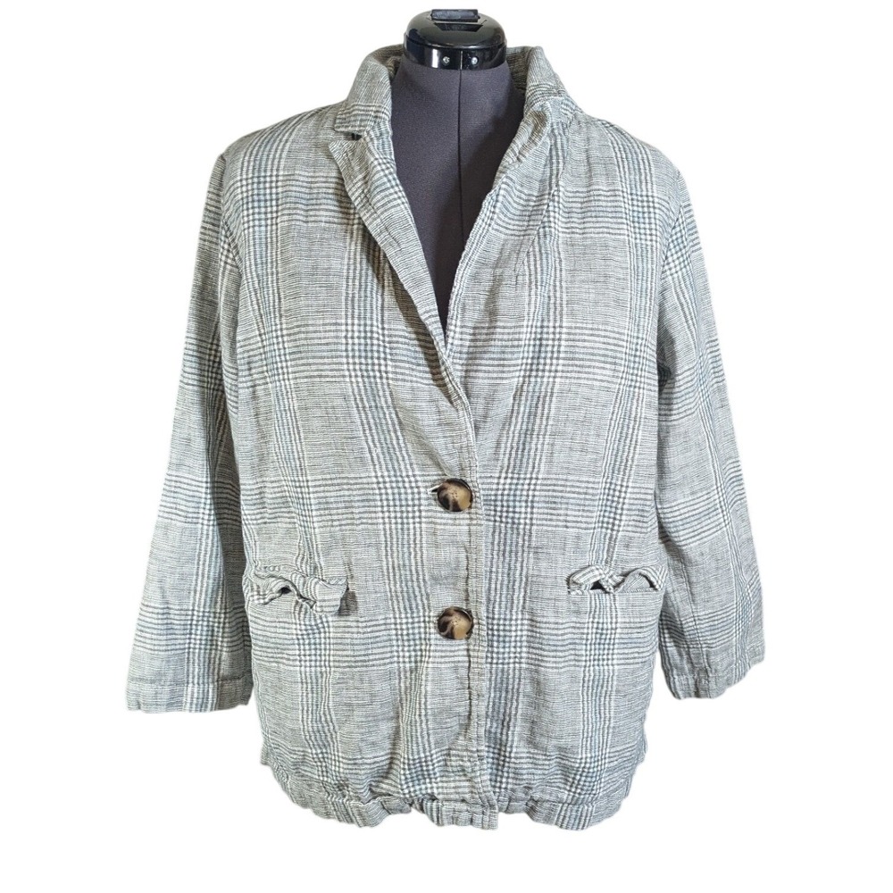J. Jill Plaid Linen Blend‎ Blazer Jacket Gray Lagenlook Light Academia XL